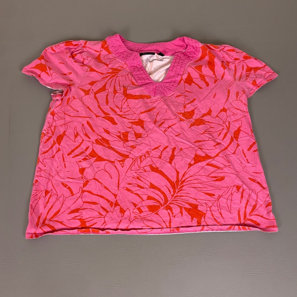 Rafaella T-Shirt Top Women's Large Pink Orange Tropical Leaf Print Cotton V-Neck
